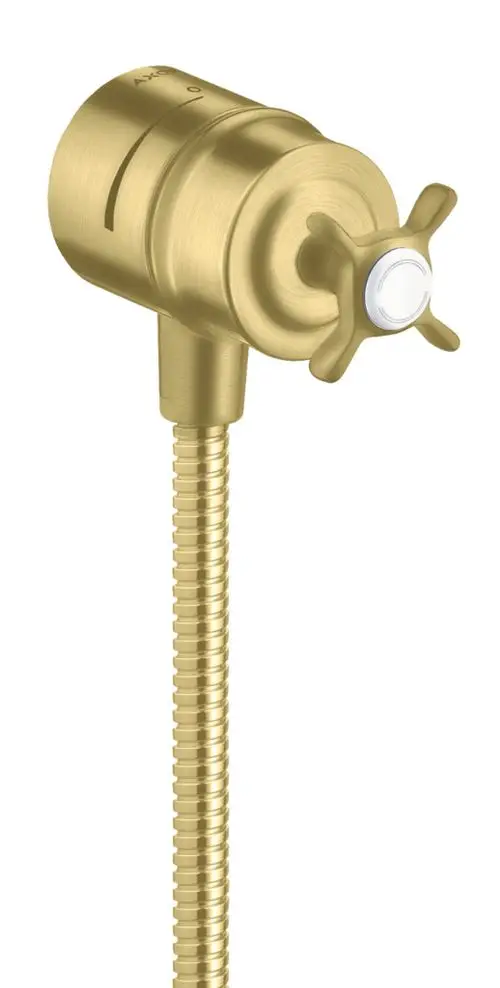 Wandanschluss von AXOR mit Rückflussverhinderer, Absperrventil und Kreuzgriff in gebürstetem Messing. Sichtbare verchromte Teile und flexible Schlauchverbindung.